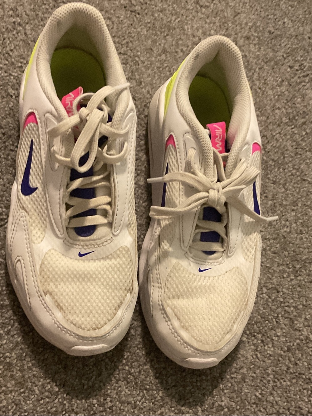 Nike White Sneakers with Purple Swoosh, Pink Tongue Accents & Lime Green Lining
